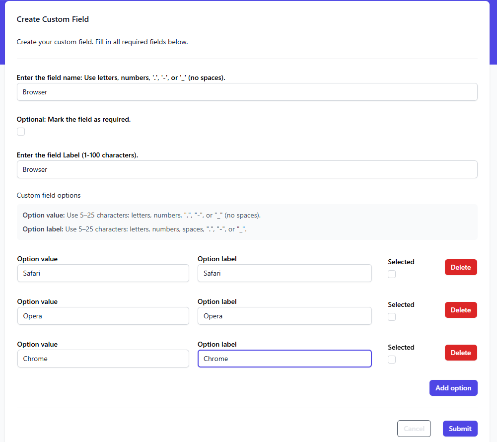 Adding values to custom feedback fields for customer feedback requests