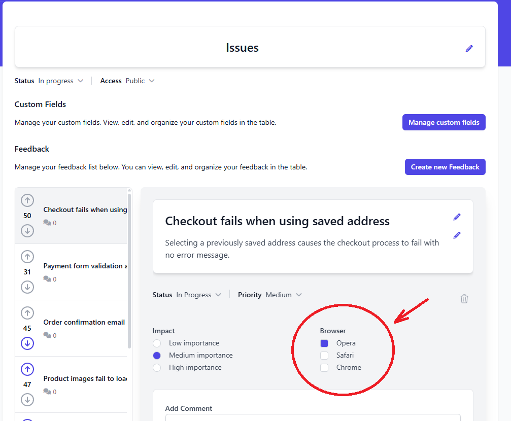 Custom fields displayed in feedback management dashboard