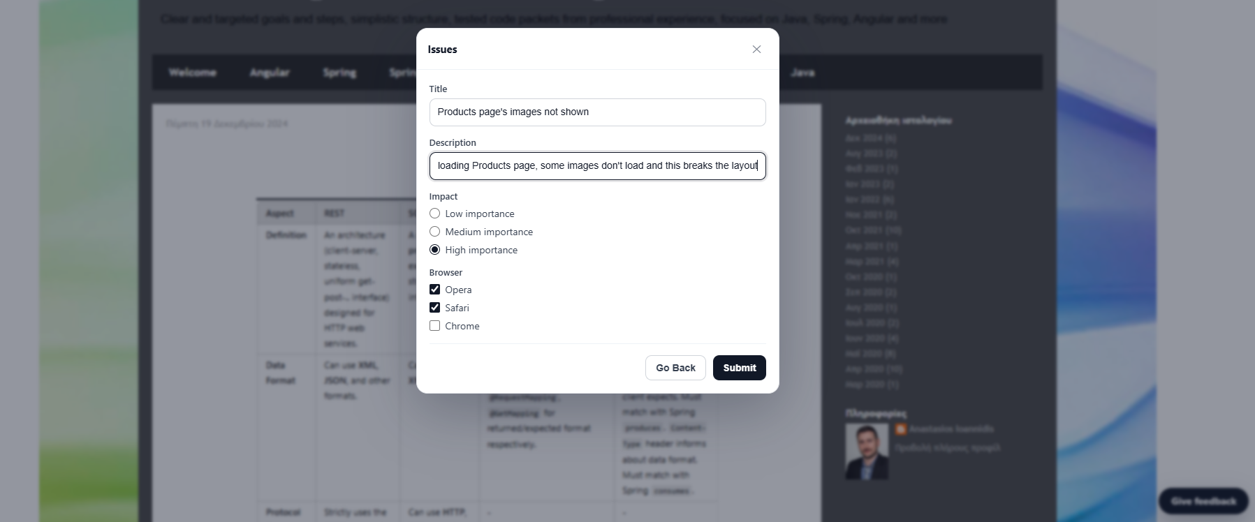 Structured feedback form with custom fields